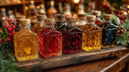 Elegant Collection of Handcrafted Glass Syrup Bottles with Blank Labels Perfect for Customization and Rustic Dining Experiences