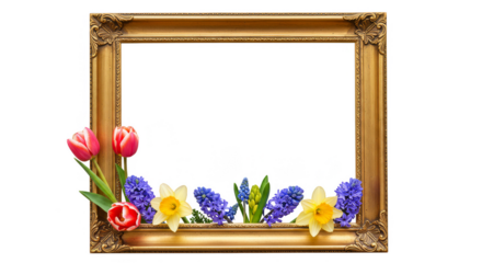 Ornate Golden Frame with Tulips Daffodils Hyacinths Transparent Background Illustration