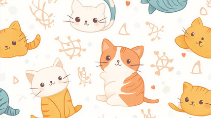 Obraz premium Adorable pattern background featuring cute cartoon kittens and playful fishbones, perfect for pet-themed designs.