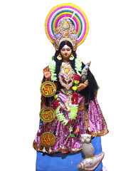 Goddess Lakshmi Idol Decorated for Laxmi Puja Festival with Traditional Ornaments and Black Background – Bengali Hindu Celebration