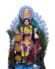 Goddess Lakshmi Idol Decorated for Laxmi Puja Festival with Traditional Ornaments and Black Background – Bengali Hindu Celebration