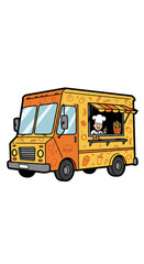 Retro Food Truck Cartoon with Chef and Yummy Fastfood Illustration