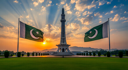 Magnificent view of Minar e Pakistan with Pakistani flags waving in the wind, showcasing national pride against a stunning sunrise backdrop.