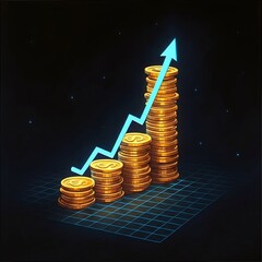 Top-down perspective of glowing golden coin stacks forming a bar graph, blue neon arrow line showing upward trend, futuristic digital finance theme, dark background with grid lights.