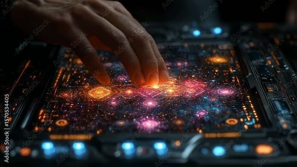 Poster futuristic hand interacting with a glowing digital interface on a control panel
