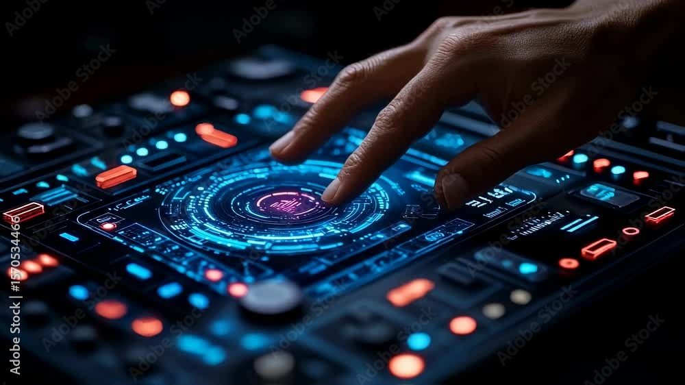 Poster futuristic dj console with glowing touchscreen interface and hand interaction