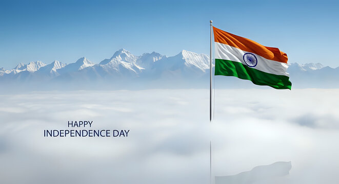 Indian flag waves proudly above misty mountains for Independence Day celebrations, symbolizing patriotism, freedom, and national pride with a serene sky.