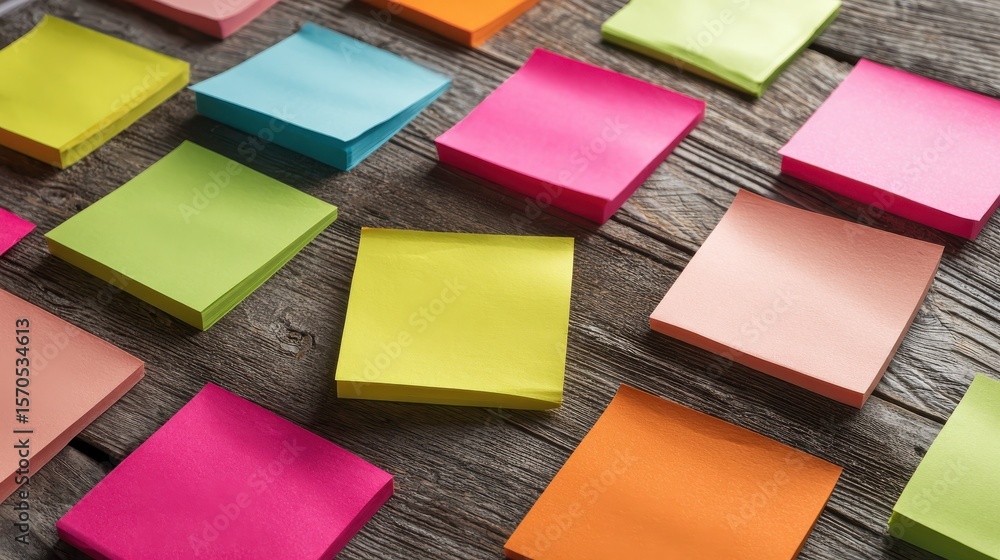 Aufkleber group brainstorming session with colorful sticky notes on wooden table background, top view.