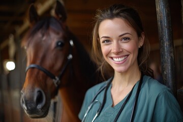 Veterinarian Horse. Female Vet Caring for Equine Companion in Cozy Stable Setting
