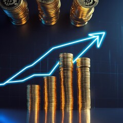 Top-down perspective of glowing golden coin stacks forming a bar graph, blue neon arrow line showing upward trend, futuristic digital finance theme, dark background with grid lights.
