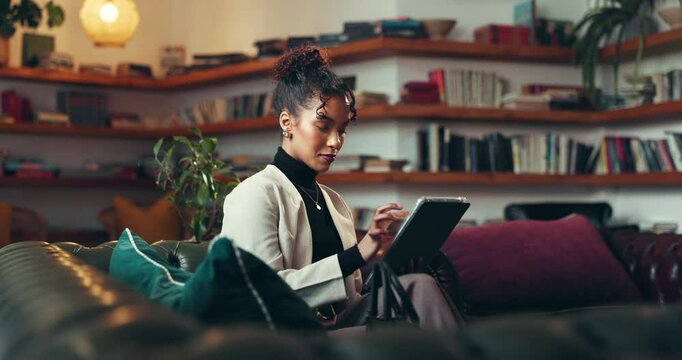 Browsing, online and woman with tablet in office, publisher or proofreading of novel on web or info. Scroll, ebook and plan for launch in publishing agency, creative and person with tech for editing