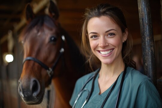 Veterinarian Horse. Female Vet Caring for Equine Companion in Cozy Stable Setting