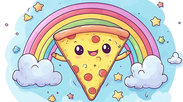 Cartoon pizza slice jumping through a pastel rainbow, arms out, cheesy grin, surrounded by doodle clouds and stars, magical mood. Bold outlines, vector illustration, clean lines, flat colors,