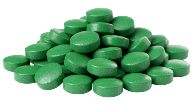 Pile of Green Spirulina Tablets Dietary Supplement Transparent
