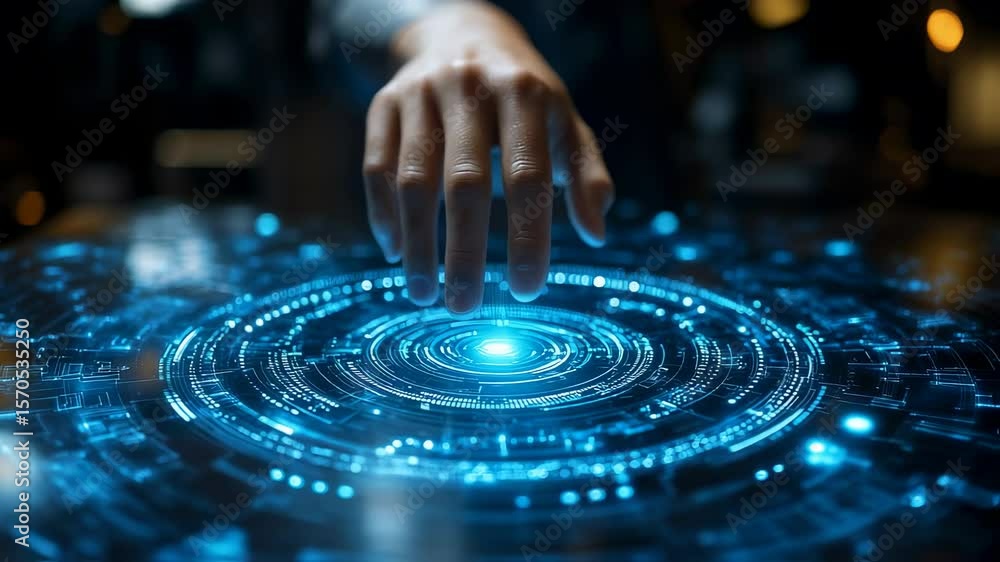 Poster hand interacting with futuristic digital interface representing technology and data