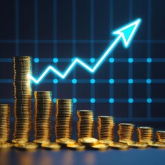Top-down perspective of glowing golden coin stacks forming a bar graph, blue neon arrow line showing upward trend, futuristic digital finance theme, dark background with grid lights.