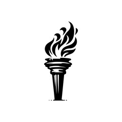 Black and white illustration of a stylized torch with a prominent flame.