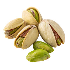 A pile of delicious pistachios with some shelled kernels isolated on transparent background