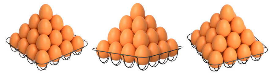 Metal trays filled with neatly stacked brown eggs, isolated on white transparent background. Concept of egg variety and food industry