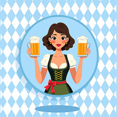 From the series "oktoberfest", girl with dirndl holds with beer mugs on a traditional Bavarian pattern of blue and white diamonds