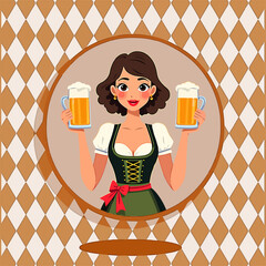 From the series "oktoberfest", girl with dirndl holds with beer mugs on a traditional Bavarian pattern of brown diamonds