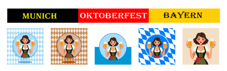 From the "oktoberfest" series,  girls with dirndl holds  with different variants of bavarian ornaments and backgrounds