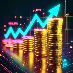 Top-down perspective of glowing golden coin stacks forming a bar graph, blue neon arrow line showing upward trend, futuristic digital finance theme, dark background with grid lights.