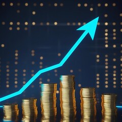 Top-down perspective of glowing golden coin stacks forming a bar graph, blue neon arrow line showing upward trend, futuristic digital finance theme, dark background with grid lights.