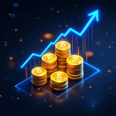 Top-down perspective of glowing golden coin stacks forming a bar graph, blue neon arrow line showing upward trend, futuristic digital finance theme, dark background with grid lights.