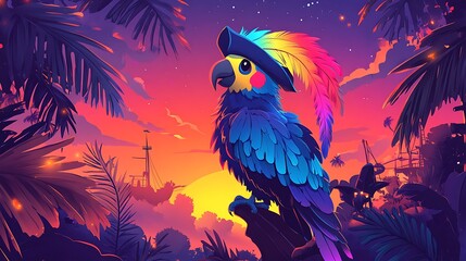 Poppy the Parrot singing with a doodle pirate crew, pirate hat, rainbow feathers glowing, pastel sunset sky and ship background, playful party atmosphere. Bold outlines, vector art, clean linework,