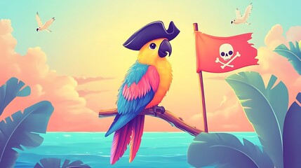 Poppy the Parrot sitting on a doodle pirate flag, pirate hat waving in the wind, rainbow feathers glowing, pastel sky and ocean background. Bold outlines, vector illustration, clean linework,