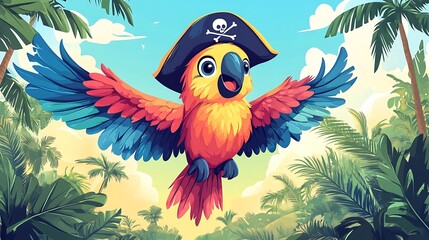 Rainbow-colored cartoon parrot with pirate hat flying above a doodle treasure island, smiling, pastel blue sky and green palm trees in background. Bold outlines, vector art, clean lines, flat colors,