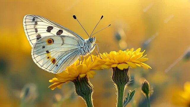 Close-up of a delicate apollo butterfly gracefully perched on a vibrant yellow flower basking in warm sunlight