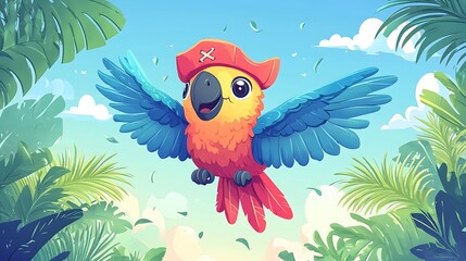 Rainbow-colored cartoon parrot with pirate hat flying above a doodle treasure island, smiling, pastel blue sky and green palm trees in background. Bold outlines, vector art, clean lines, flat colors,