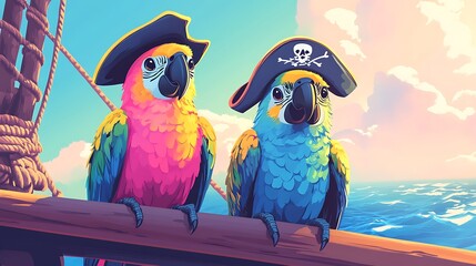 Rainbow-colored parrot with pirate hat perched on a doodle pirate captain’s shoulder, smiling, pastel ship deck and sea background, playful adventure vibe. Bold outlines, vector illustration,