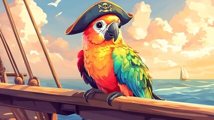 Rainbow-colored parrot with pirate hat perched on a doodle pirate captain’s shoulder, smiling, pastel ship deck and sea background, playful adventure vibe. Bold outlines, vector illustration,