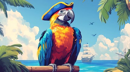 Rainbow-colored parrot with pirate hat perched on a doodle pirate captain’s shoulder, smiling, pastel ship deck and sea background, playful adventure vibe. Bold outlines, vector illustration,