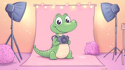 Snappy the Crocodile at a doodle photo studio, camera around neck, smiling in front of pastel backdrop with lights and props, playful atmosphere. Bold outlines, vector art, clean linework,