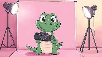 Snappy the Crocodile at a doodle photo studio, camera around neck, smiling in front of pastel backdrop with lights and props, playful atmosphere. Bold outlines, vector art, clean linework,