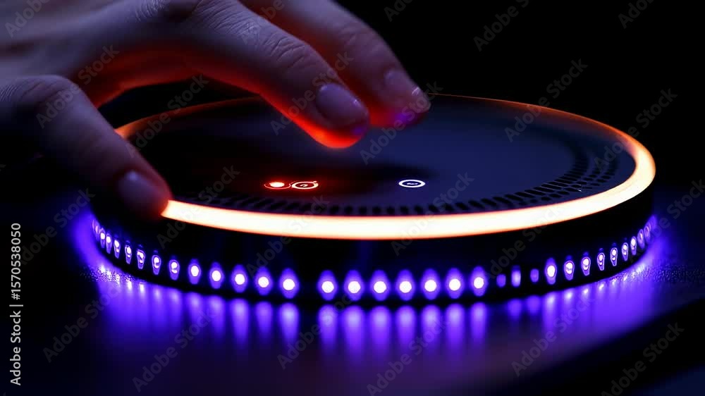 Poster modern technology device with touch interface and glowing lights activation sequence