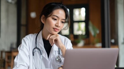 Asian female healthcare professional providing virtual telemedicine consultation, online medical student e-learning via laptop - telemedicine, remote medical care