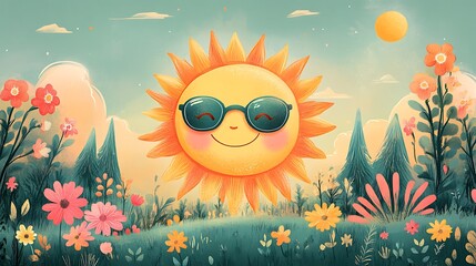 Sunny the Smiling Sun rising over a doodle meadow, sunglasses on, blushing cheeks glowing, pastel flowers and trees, joyful morning vibe. Bold outlines, vector illustration, flat colors, clean lines,