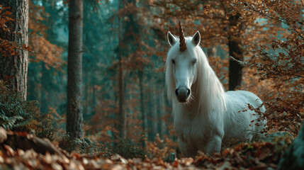 Amazing white unicorn in black forest autumn.