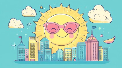 Sunny the Smiling Sun shining on a doodle city skyline, sunglasses and blushing cheeks glowing, pastel buildings and fluffy clouds, bright urban scene. Bold outlines, vector illustration, clean lines,