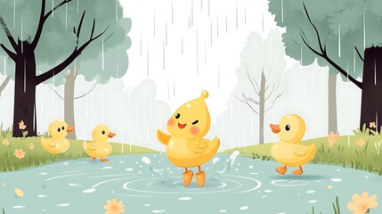 Teardrop-shaped raindrop character dancing with doodle ducks in a puddle, rain boots splashing, pastel park background with trees, fun and playful scene. Bold outlines, vector art, clean linework,