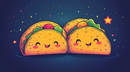Taco Buddy posing with doodle maracas, salsa hair bouncing, little legs dancing, pastel background with fiesta lights and stars, fun atmosphere. Bold outlines, vector art, clean linework, flat colors,