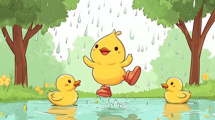 Teardrop-shaped raindrop character dancing with doodle ducks in a puddle, rain boots splashing, pastel park background with trees, fun and playful scene. Bold outlines, vector art, clean linework,