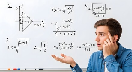 Puzzled Man Ponders Complex Mathematical Equations on Whiteboard Background
