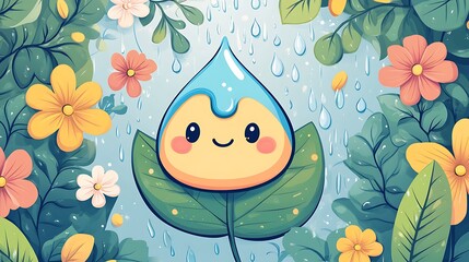 Teardrop-shaped raindrop character sliding down a doodle leaf, rain boots ready, pastel garden background with flowers and droplets, fun outdoor vibe. Bold outlines, vector illustration, clean lines,