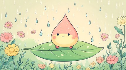 Teardrop-shaped raindrop character sliding down a doodle leaf, rain boots ready, pastel garden background with flowers and droplets, fun outdoor vibe. Bold outlines, vector illustration, clean lines,